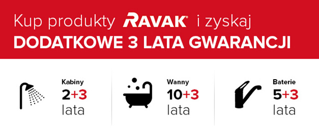 бесплатную дополнительную 3-летнюю гарантию на все продукты RAVAK