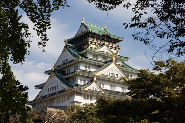 Приведенная выше фотография замка в Осаке была сделана с учетом близлежащих деревьев